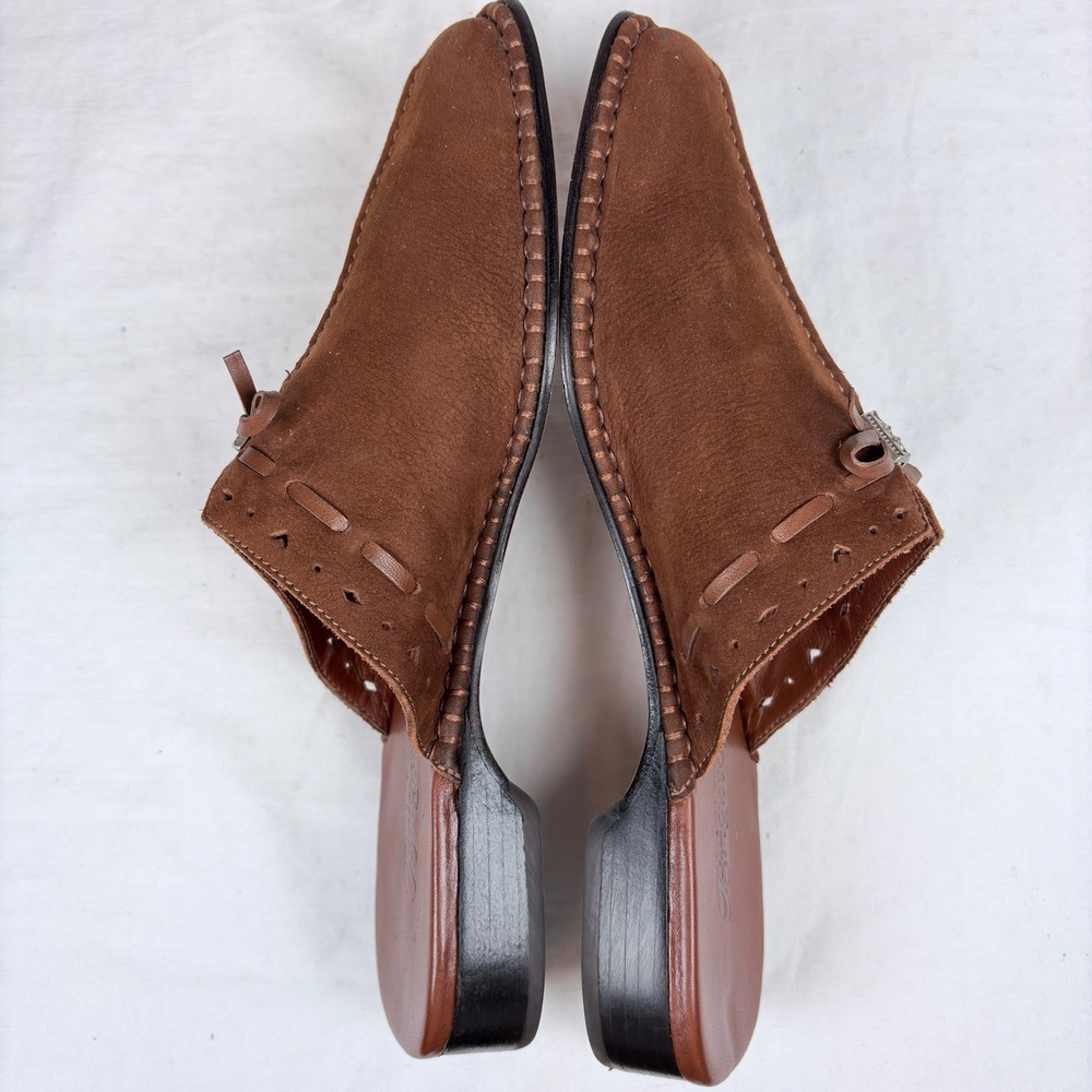 Brighton Napa Brown Suede Mules Square Toe Whipstitch Bow Shoes Women 9M Brazil - Picture 4 of 10